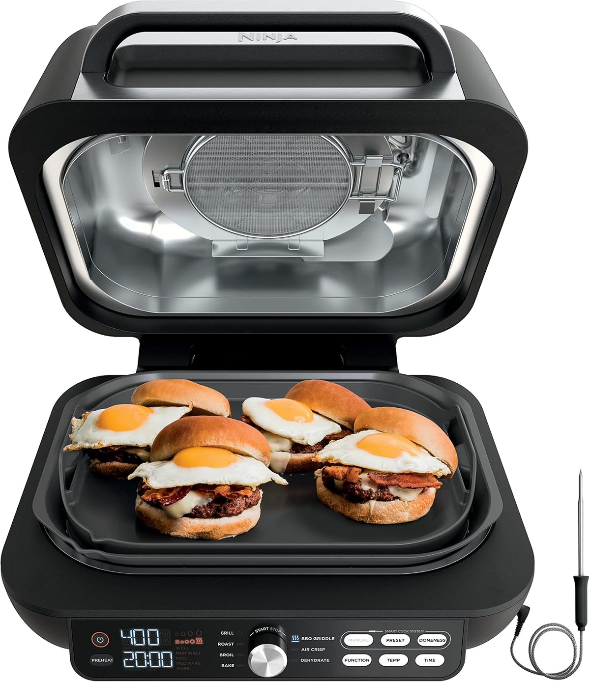 NINJA NINJA, Noir, IG651 Foodi XL Barbecue d'intérieur 7 en 1, utilisation ouverte ou fermée, friture à air
