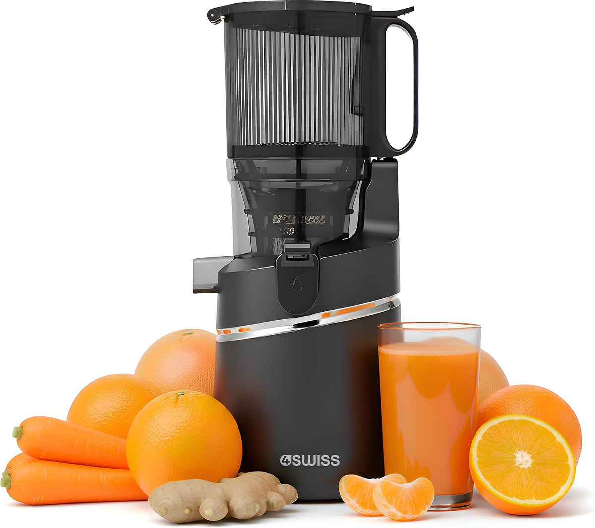 4Swiss centrifugeuse, 135 mm, 0,5 L, 37 tr/min, Noir, Extracteur de Jus de Fruits et Légumes, Masticating Juicer Machine