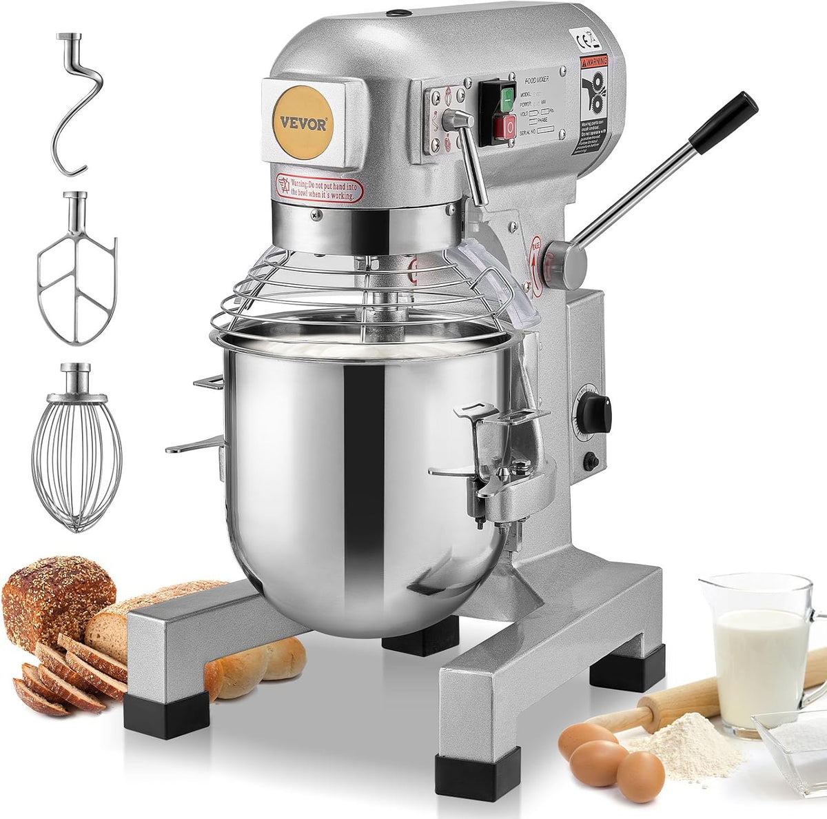VEVOR robot pâtissier, 14 L, 550 W, Argent étincelant + couleur métal naturel, Commercial, Batteur sur Socle avec 3 Vitesses Réglables