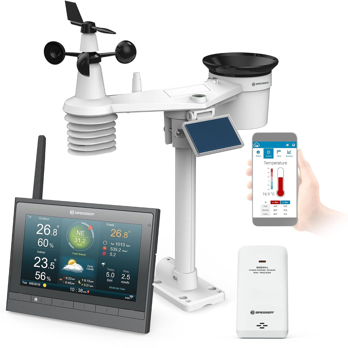 BRESSER Stations météo et baromètre, Gris, Centrale météo MeteoChamp HD LED WiFi 7-en-1