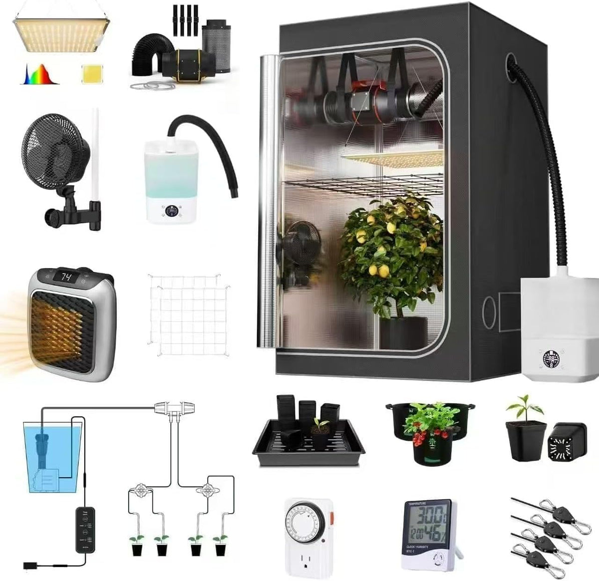 Kit Tentes de culture, Blanc, Tente De Culture Complète LED Full Spectrum avec Ventilation Filtre Charbon