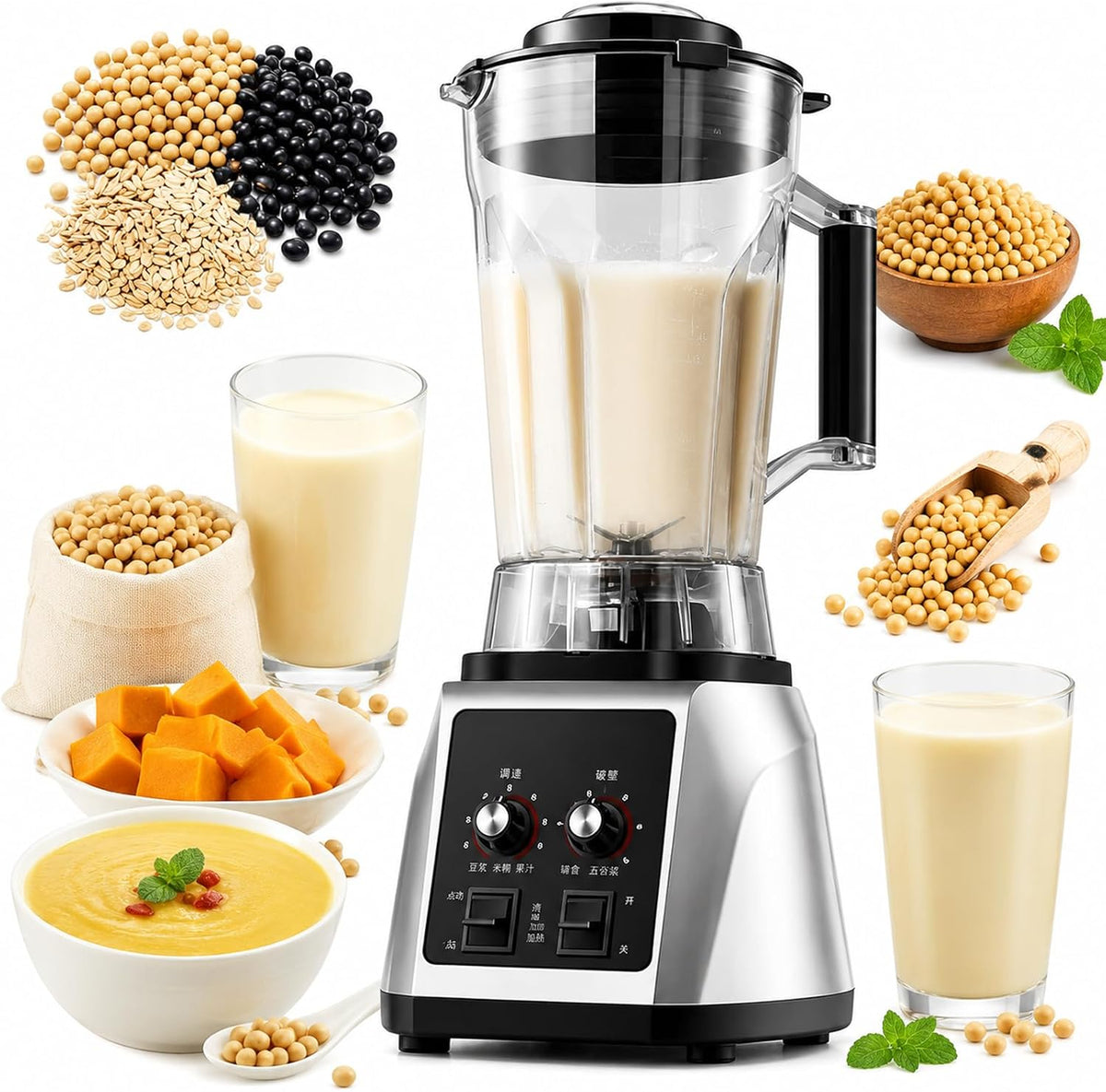 Mélangeur Mousseurs à lait automatiques, 6 L, 200 W, Argenté, commercial avec 8 lames en acier inoxydable, Réglage à 9 niveaux