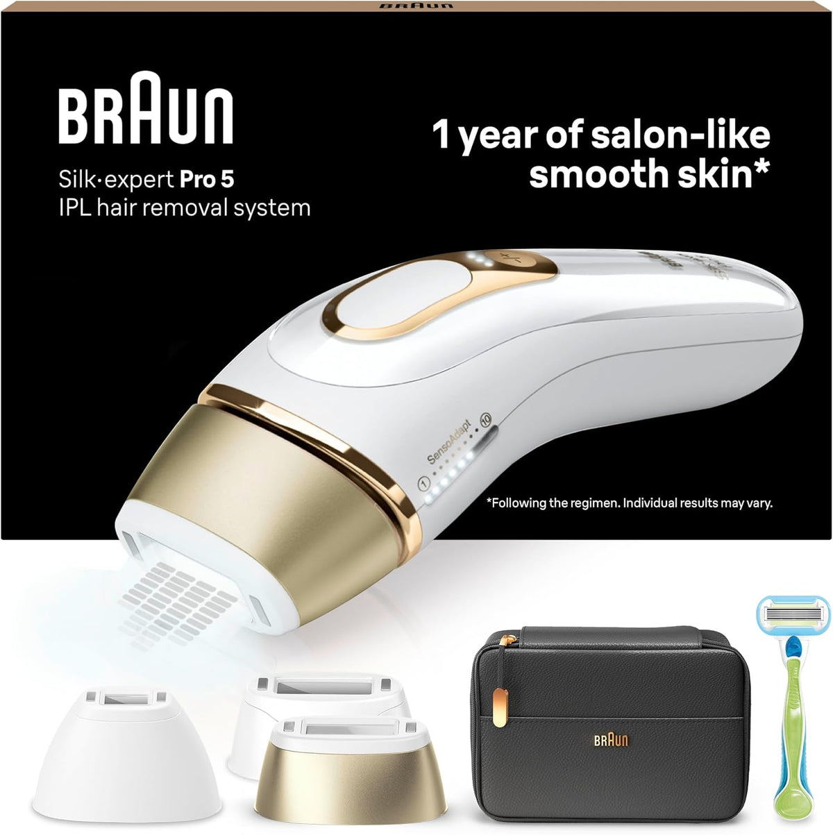 Braun épilateur à lumière pulsée, Marron/Blanc/Doré, Silk·expert Pro 5, épilation semi-définitive à la maison