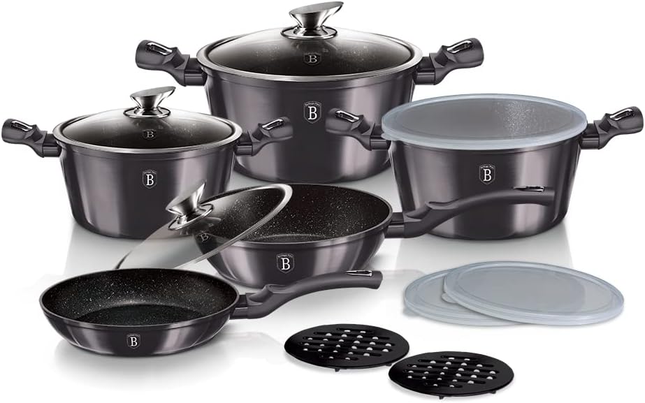 Berlinger Haus batterie de cuisine, Noir, 13 Pièces, Collection Carbon Pro, revêtement en marbre antiadhésif à 3 couches