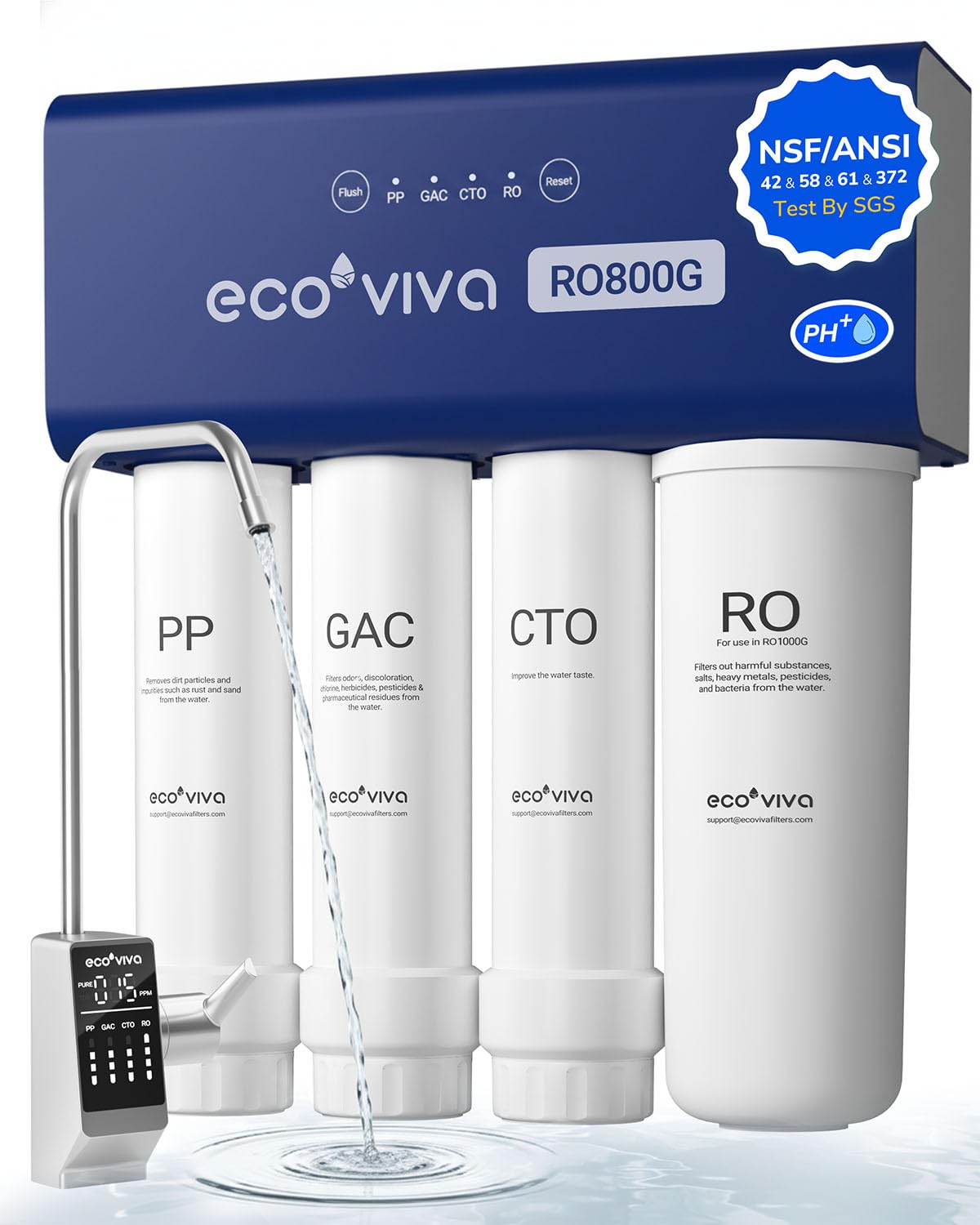 Ecoviva Filtres sous éviers, Noir, Osmoseur Inverse Sans Réservoir À 9 Étapes (800, Gallons)
