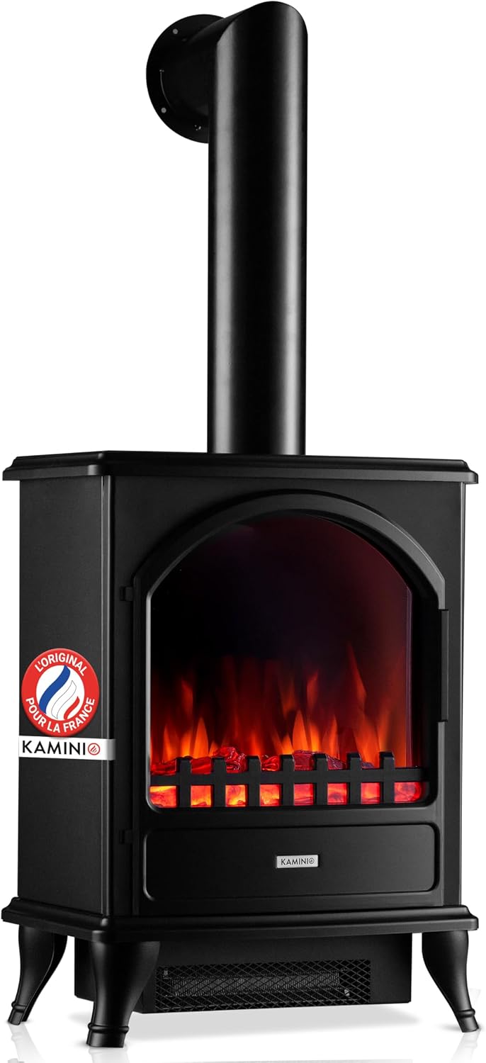 KAMINIO cheminée électrique, Noir, Leni avec Tuyau de poêle - Poêle électrique avec Chauffage, Effet de Flamme 3D ( )