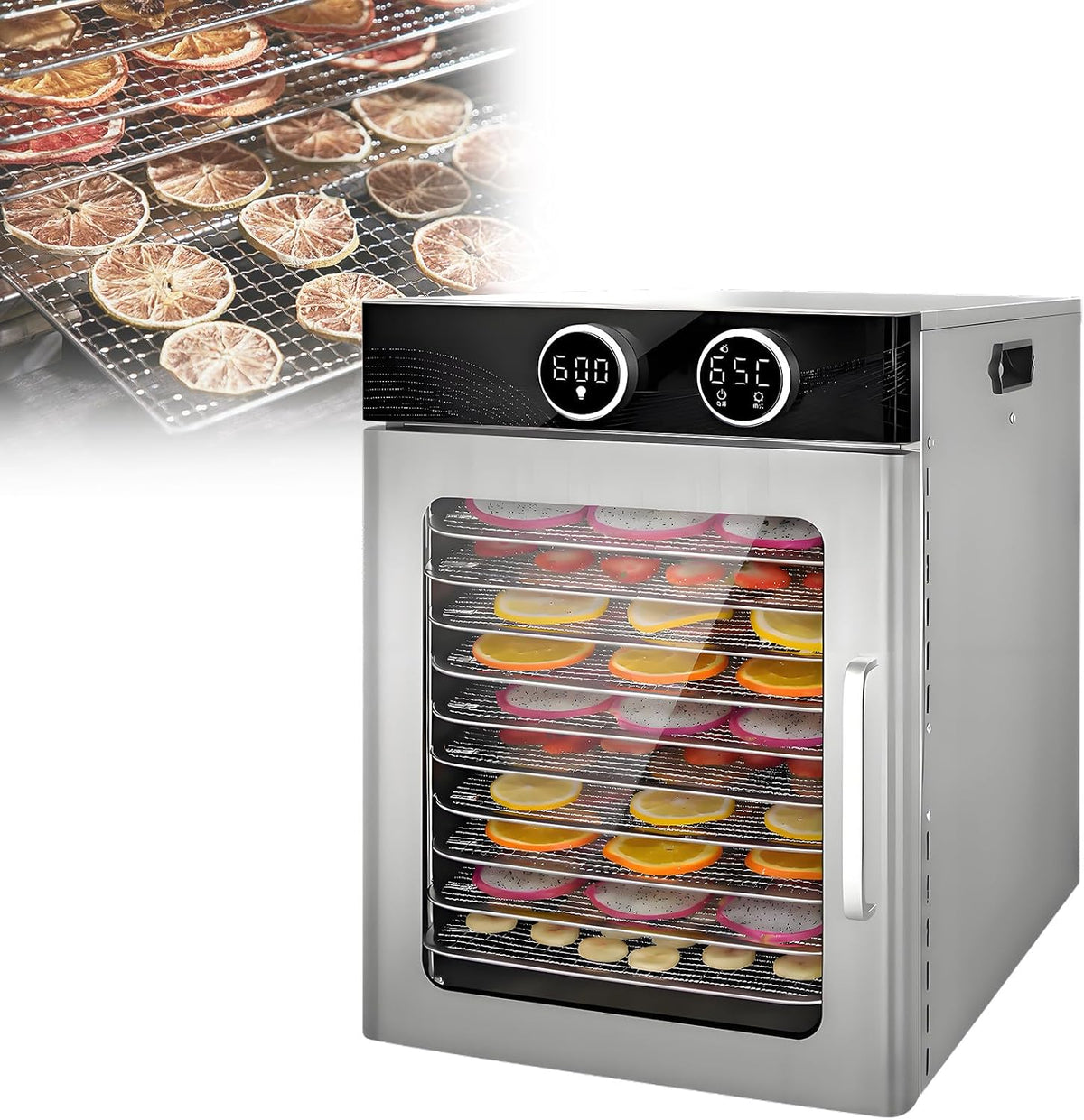 AETEREOS déshydrateur alimentaire, 800 W, 1200 W, Argenté, Professionnel, 6-12 Plateaux, Température Réglable De 30 À 90 °C