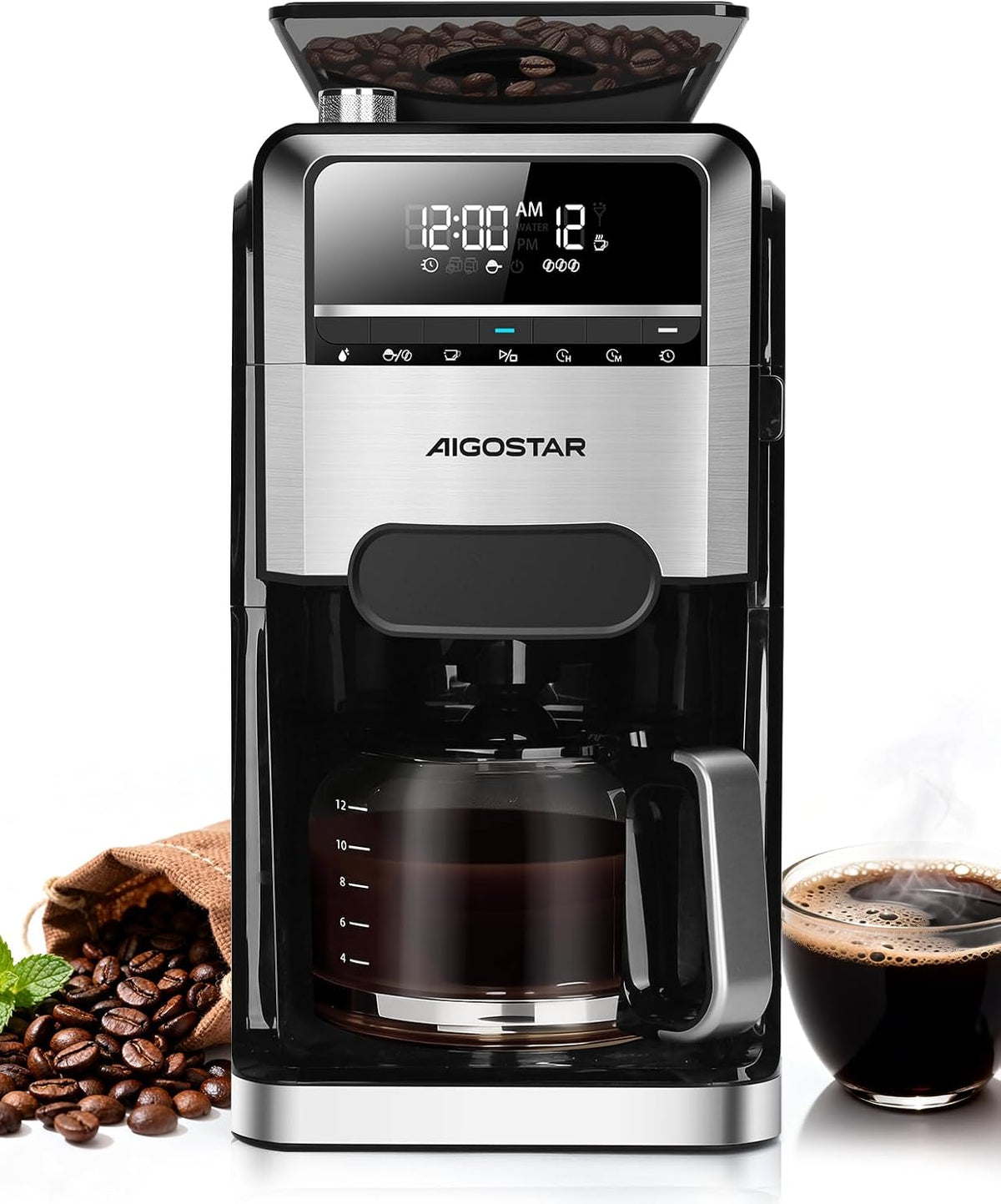 Aigostar machine à café, 1,5 L, 1400 W, Noir, Cafetiere a Grain Avec Broyeur Intégré, 7 Moutures, 3 Intensités