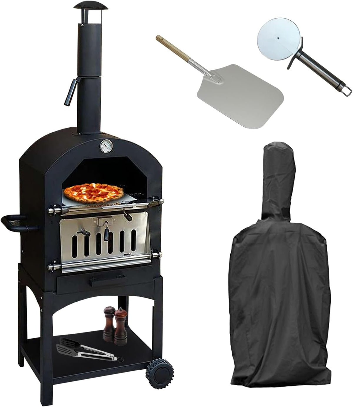 KuKoo Fours à pizza d'extérieur, 30 cm, 156 cm, 64 cm, 43 cm, Noir/Argenté, Roulette, Pierre à Pizza & Housse INCLUS]