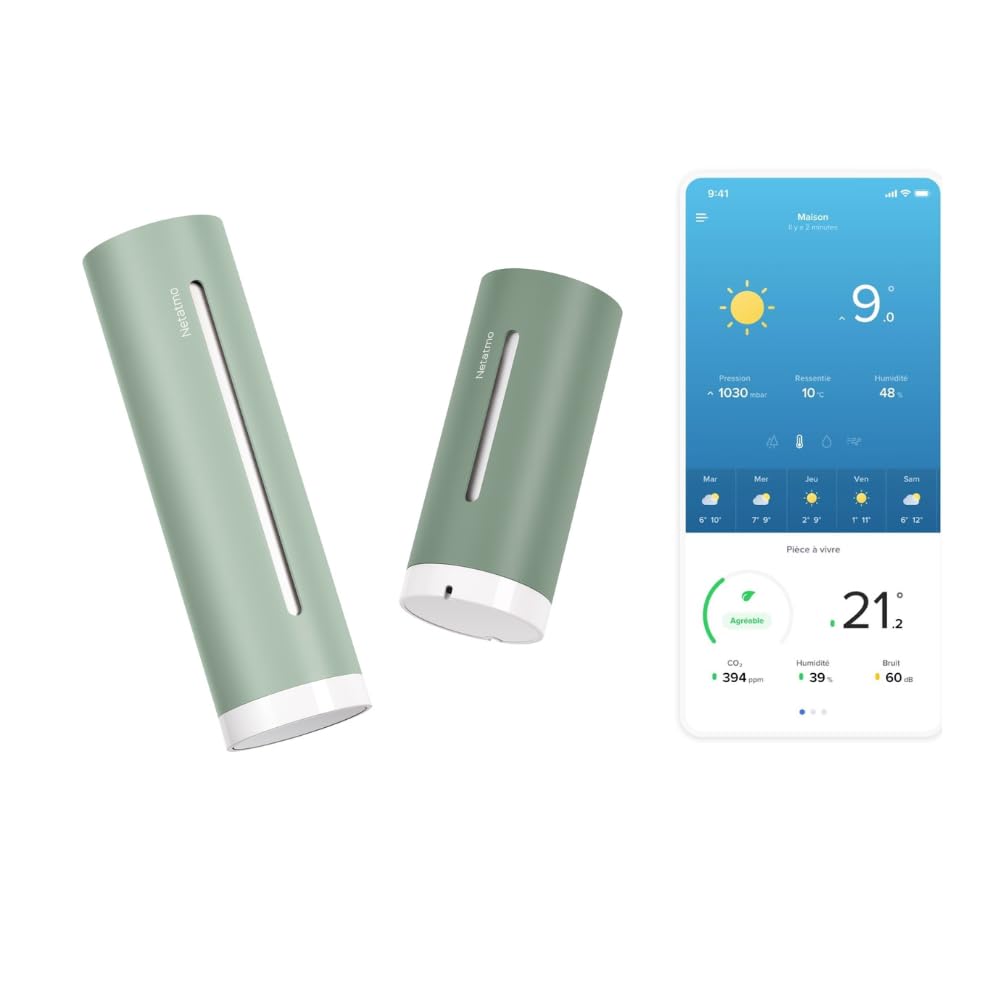 Netatmo Indicateurs de température, Noir, Station Météo ORIGINAL Menthe, 2e génération, Capteurs Intérieurs & Extérieurs
