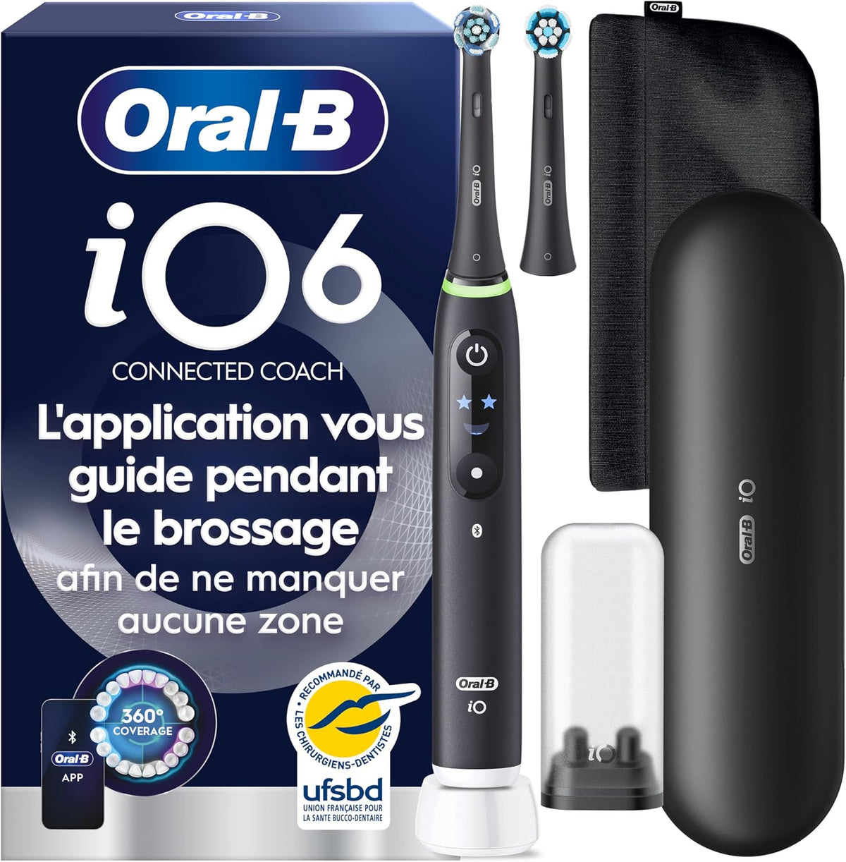 Oral-B Rotatives, Noir, iO6 Brosse À Dents Électrique, 2 brossettes, Batterie Longue Durée, Étui De Voyage Premium