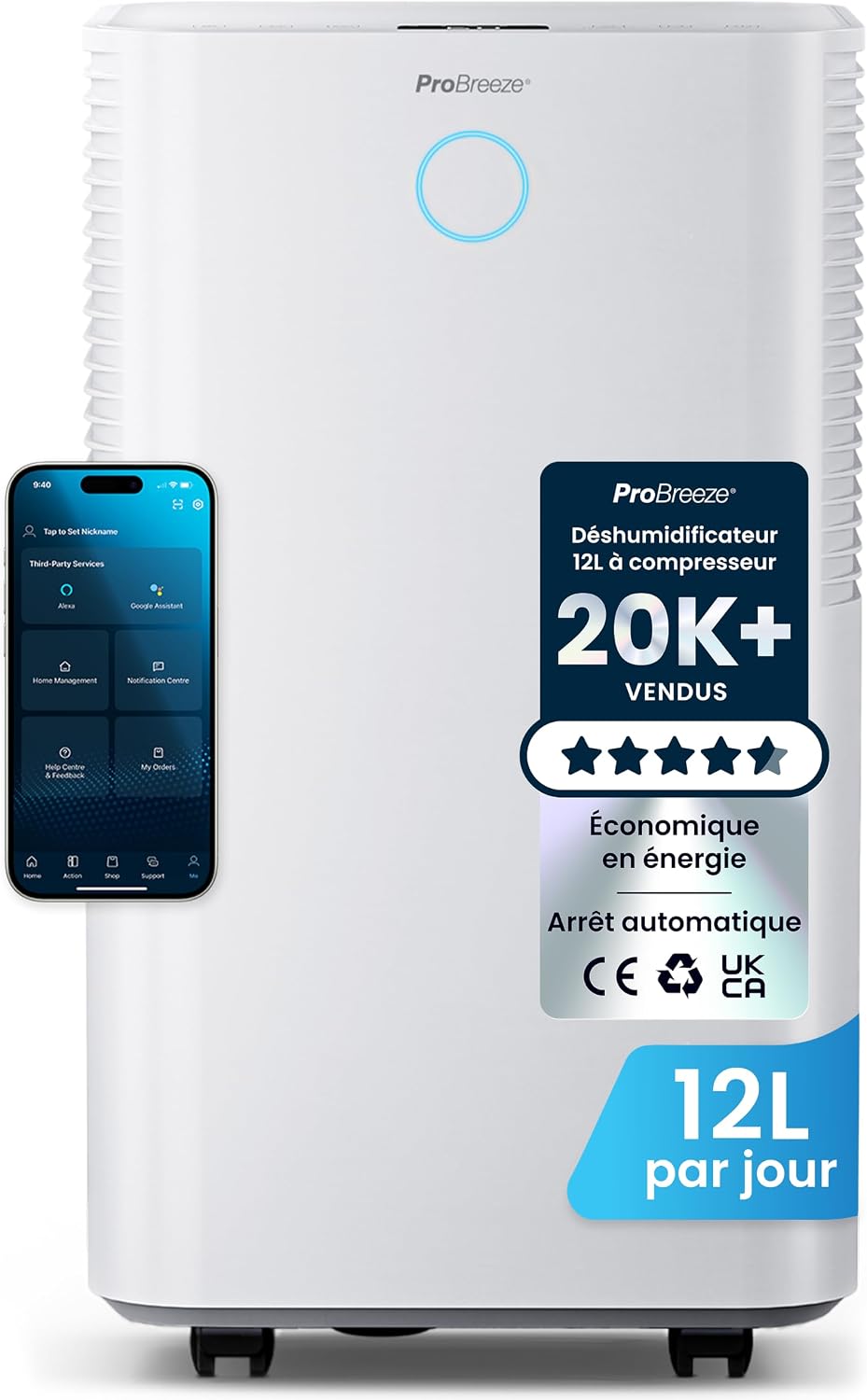 Pro Breeze déshumidificateur, 12 L, 2 L, Blanc, OmniDry D Air compresseur intelligent /Jour, Réservoir, Contrôle App