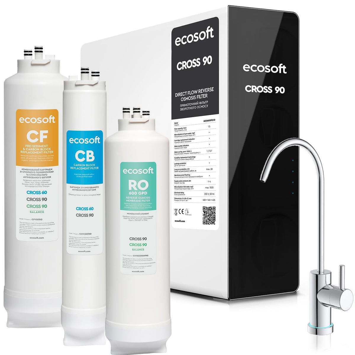 ecosoft Purificateurs d'eau, 1,5l, Noir, CROSS90 Osmose inverse avec débit direct /min, Affichage LED intelligent