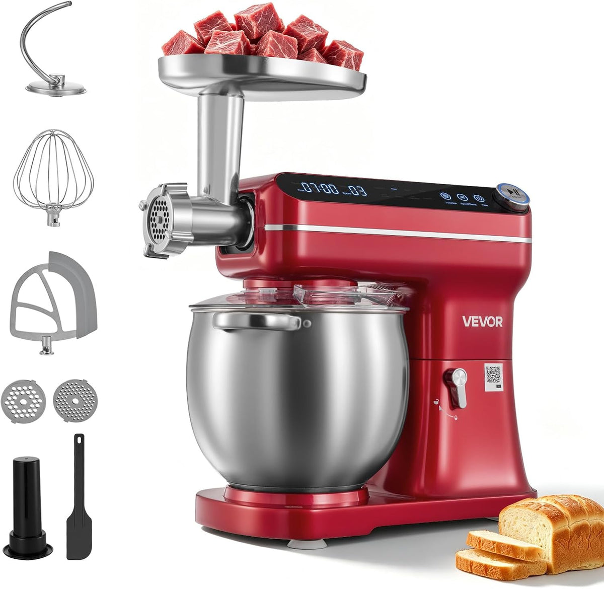 VEVOR robot pâtissier, 455x310x480 mm / 17,91x12,20x18,90 pouces, 7 L, 1000 W, Argenté, 2-en-1 Batteur sur Socle à Tête Inclinable