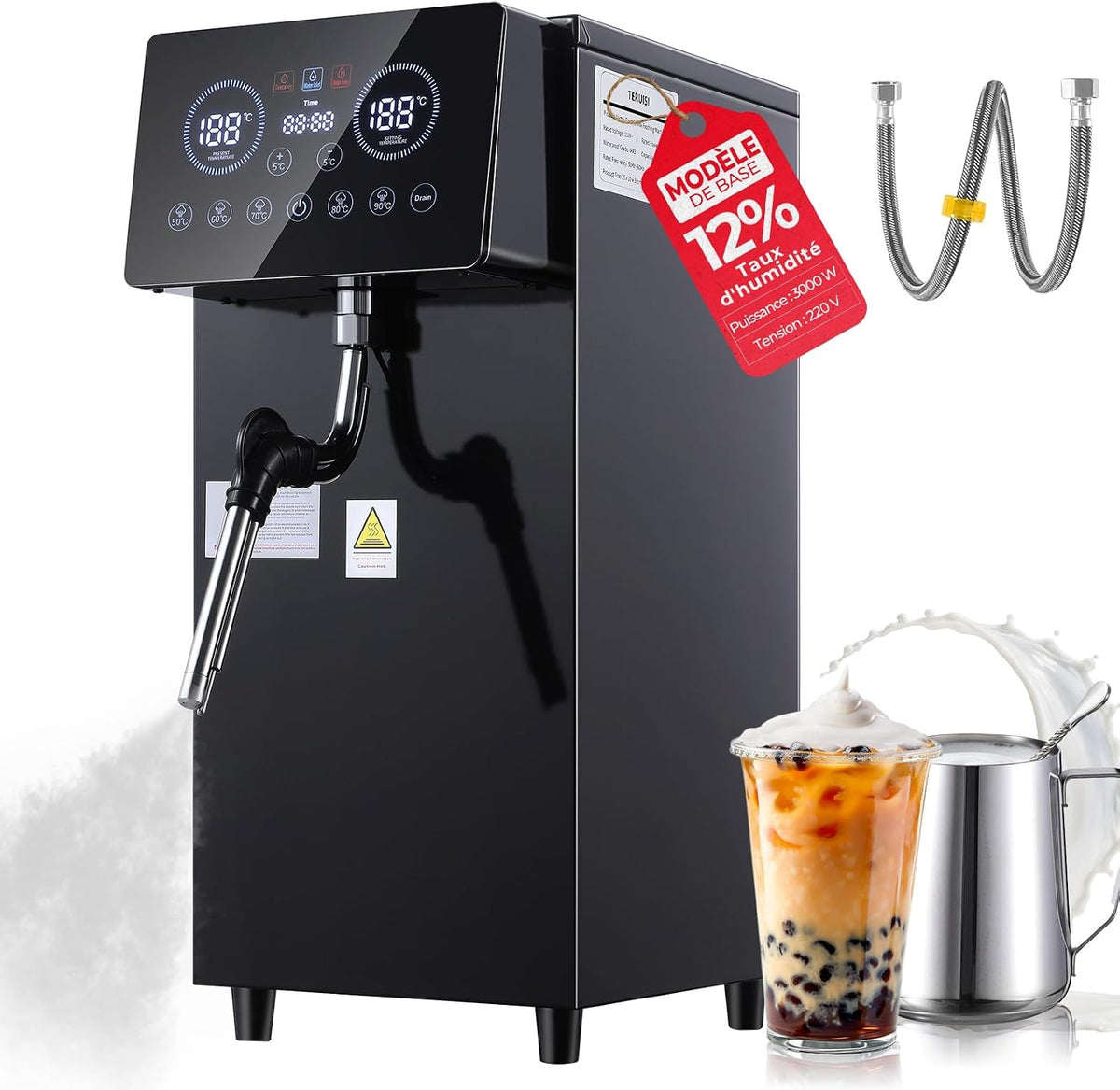 TERUISI Mousseurs à lait à main, 3000 W, 6 L, Argenté, Mousseur à Lait Professionnel, Émulsionneur à Lait Automatique en Acier Inoxydable