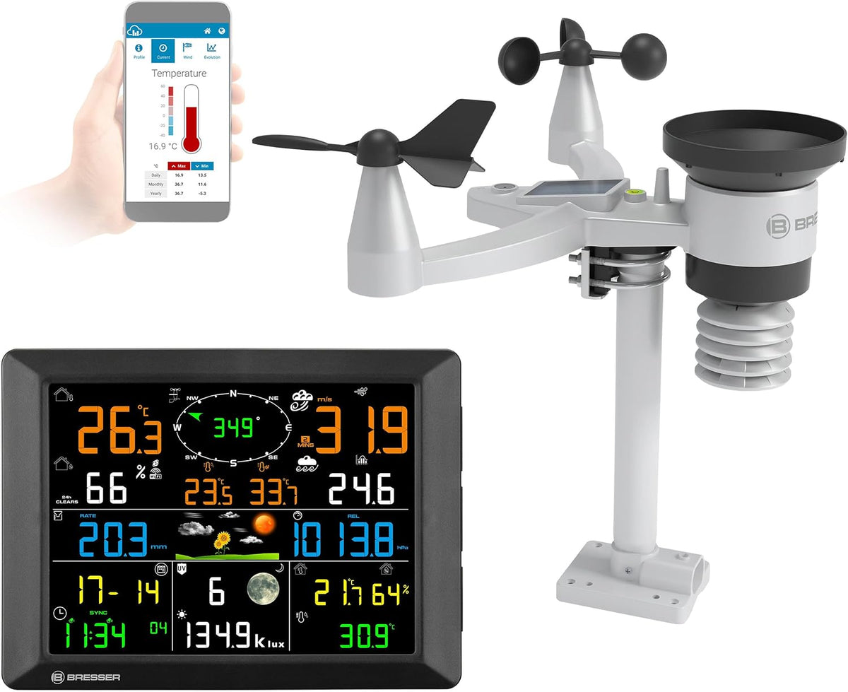 BRESSER Stations météo et baromètre, Noir, Station météo, sans fil, portée de 1, capteur extérieur 7 en 1
