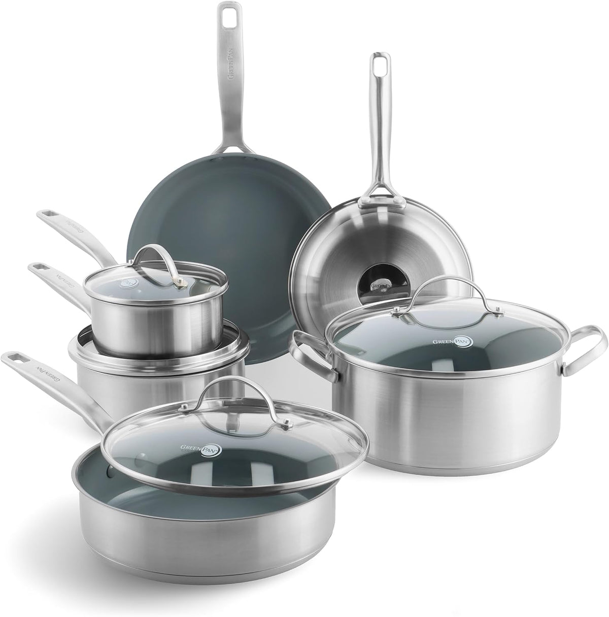 GreenPan batterie de cuisine, Argenté, Treviso en Acier Inoxydable avec Revêtement Antiadhésif en Céramique Sain
