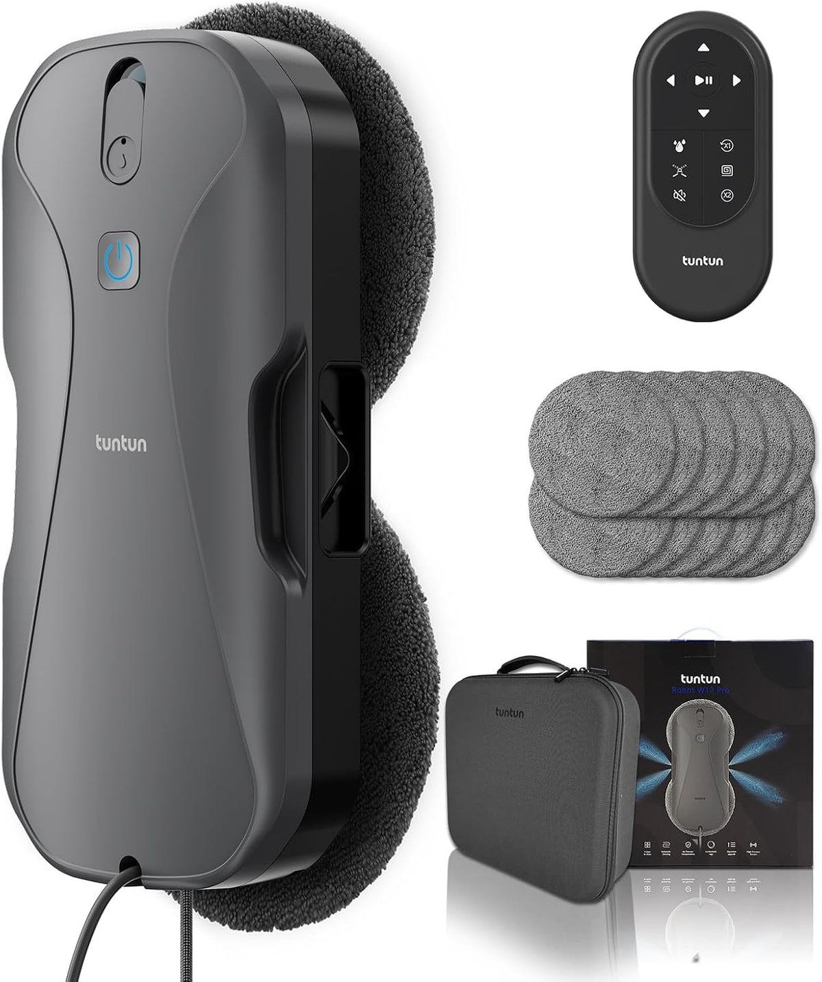 tuntun nettoyeur de vitres, Noir, W12pro Robot de nettoyage de fenêtre, système de double buse à 4 voies, 5300Pa électrique