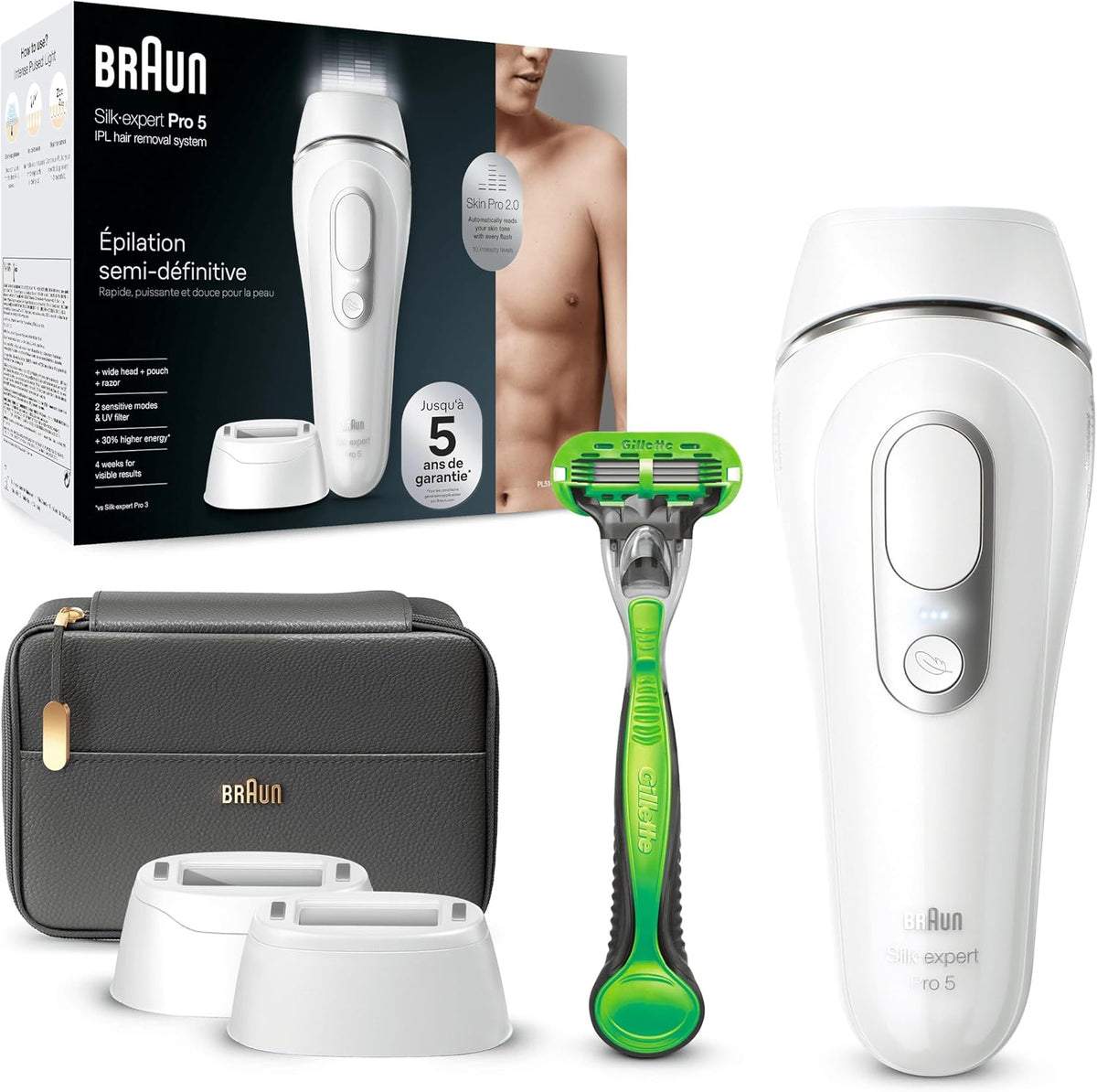 Braun épilateur à lumière pulsée, Marron/Blanc/Argenté, Silk·expert Pro 5 PL5145, épilation semi-définitive à la maison