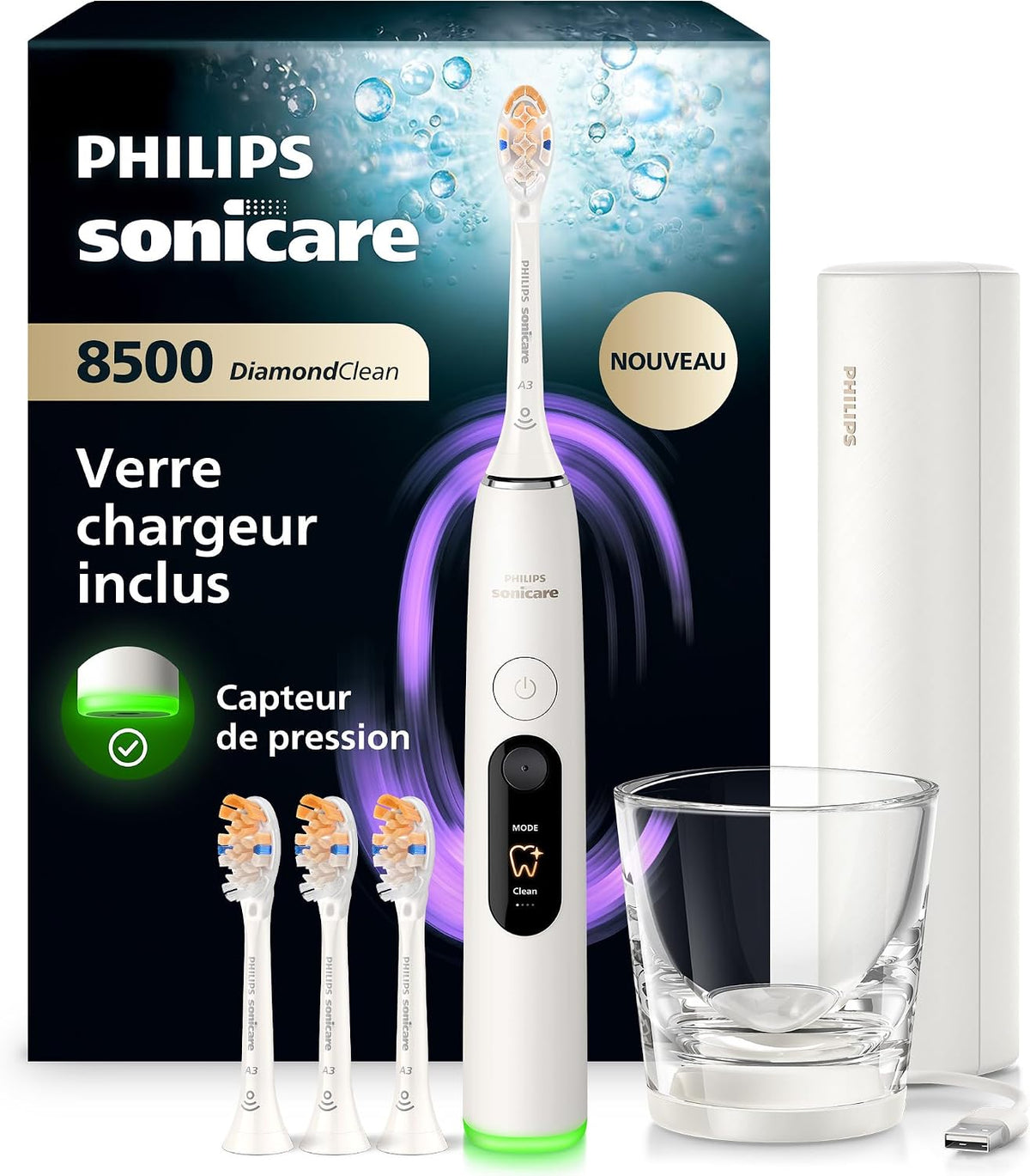 PHILIPS Soniques, Blanc, Sonicare DiamondClean 8500 nouvelle génération, brosse à dents électrique avec capteur de pression