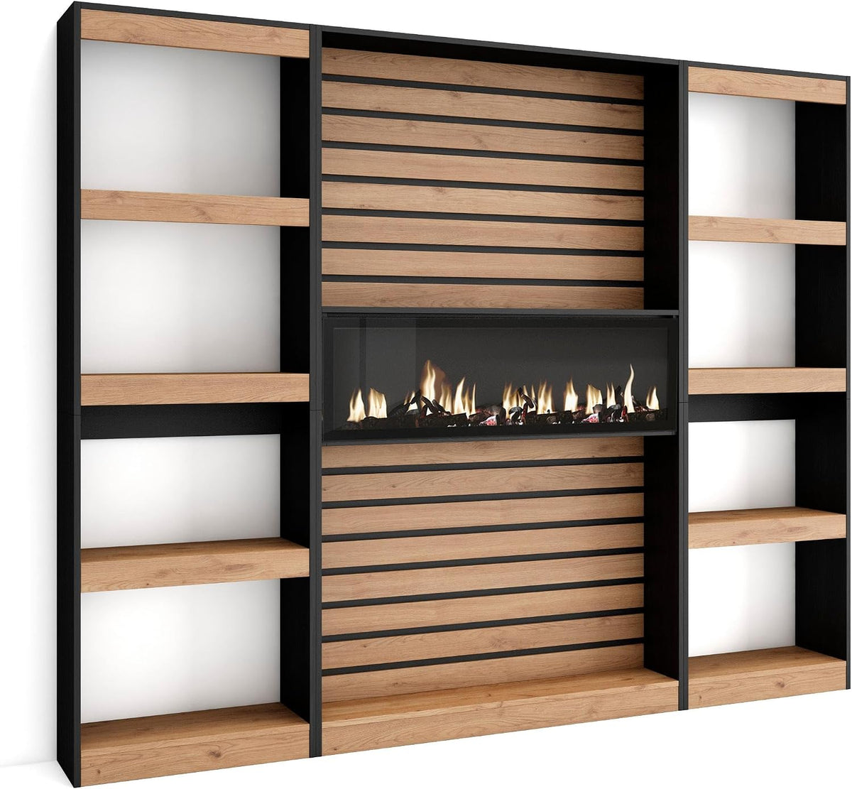 Skraut Home cheminée électrique, 107 cm de large, 32 cm de haut., 34w., 230x186x25 cm, Noir, Étagère Bibliothèque