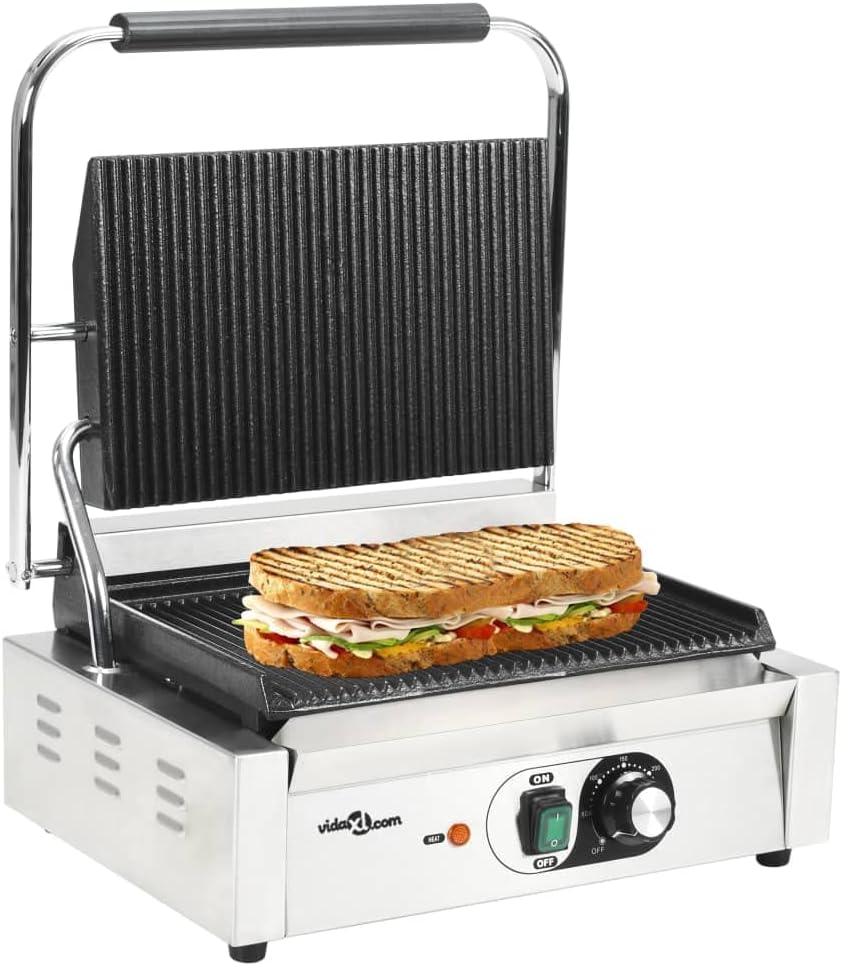 Kaloriko Grills électriques, 2200 W, corps en acier inoxydable + plaques en fonte, argenté et noir, Grill panini électrique en Acier Inoxydable