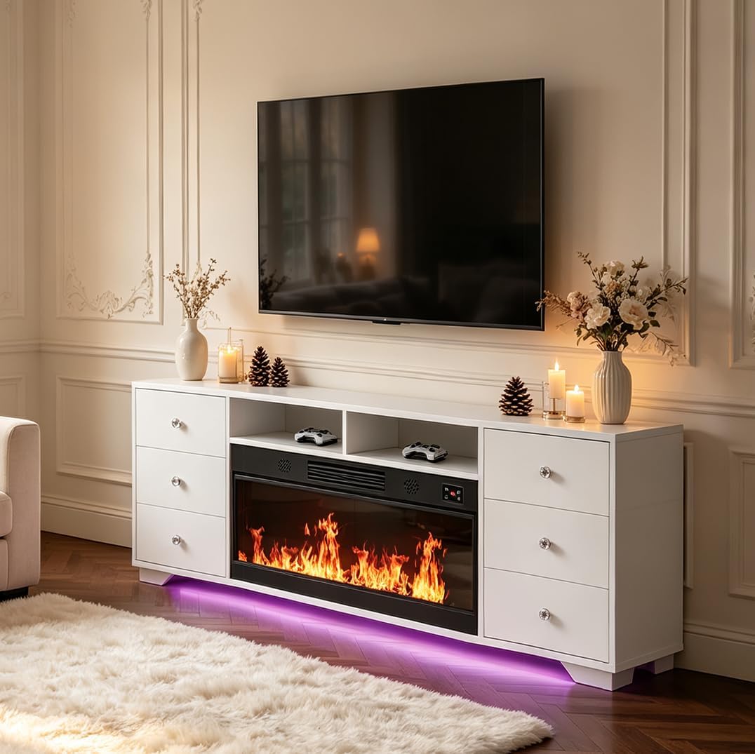 FENCHILIN cheminée électrique, 140x65x40 cm, Noir, avec Meuble TV et éclairage RGB 6 tiroirs, 13 couleurs de flamme