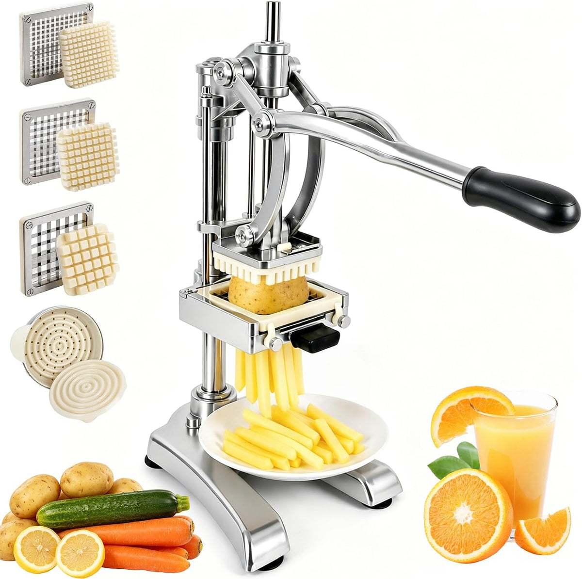 Anatole presse-agrumes, 6 mm, 9 mm, 13 mm, Argenté/Orange, 2 in 1 Coupe-Frites Professionnel & Manuel, 1 Filtre à Jus