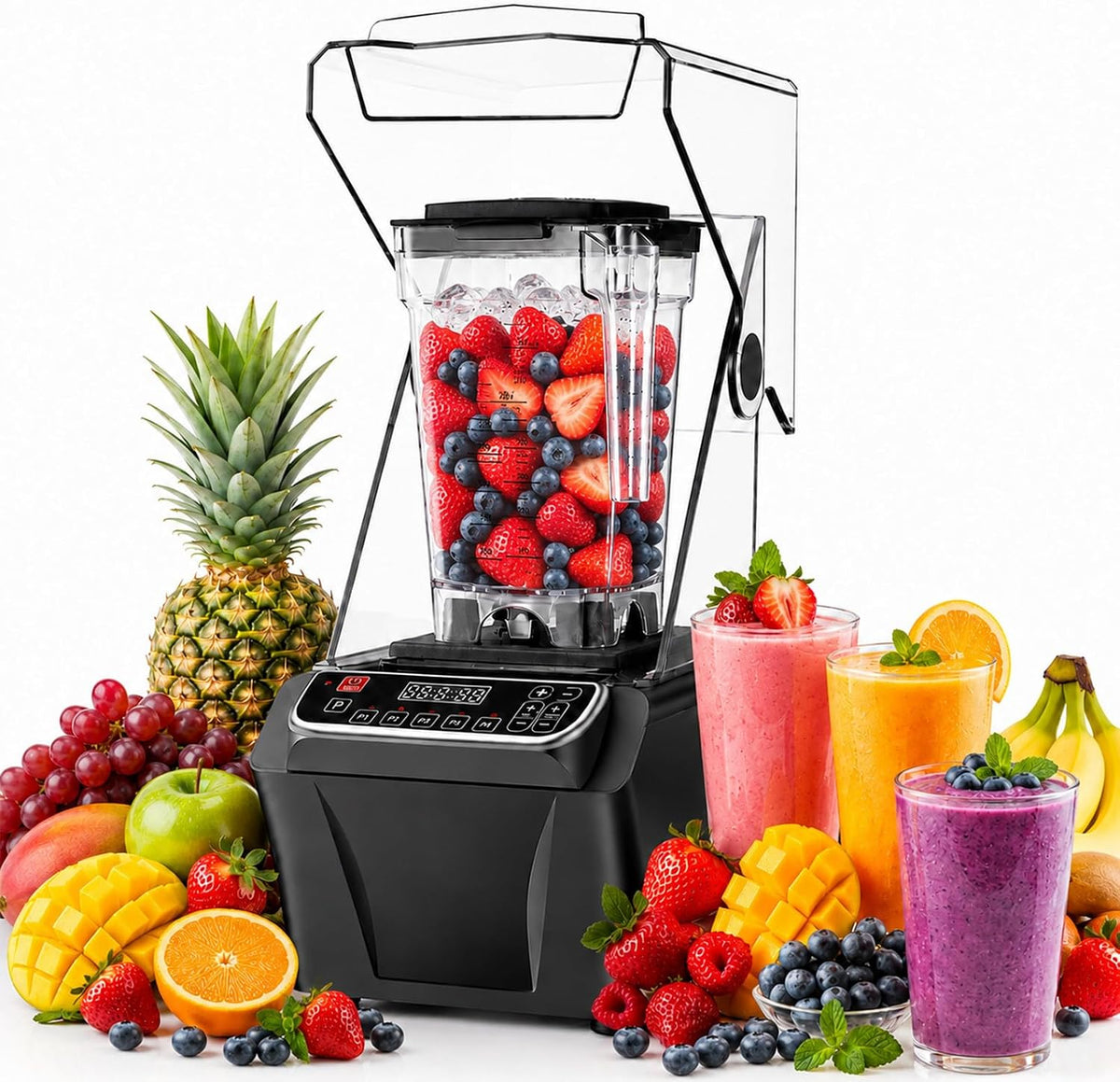 SHUMIAO blender, 2000 W, 2 L, 000 TR/Min, Noir, Smoothie Pro, Écran LED Smart, pour Cafés et Bars à Jus