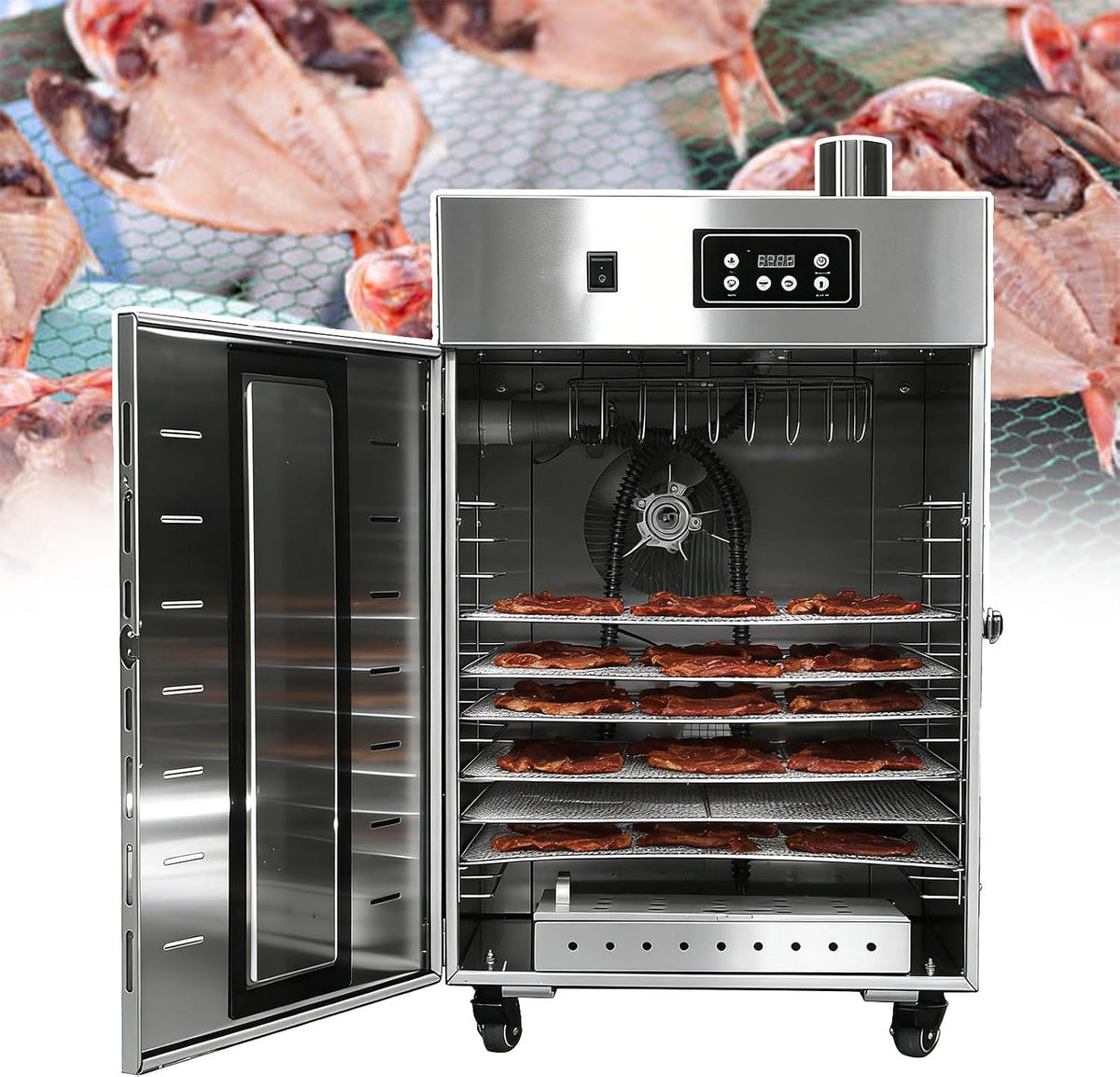 QJJML déshydrateur alimentaire, 1 000 W, Noir, Professionnel 3 en 1, Rotatif avec Fonction Fumage, idéal pour la Fabrication Viande séchée