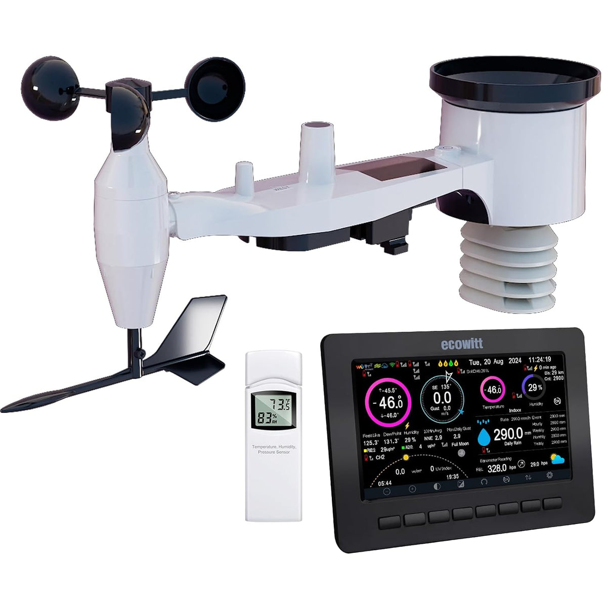 ECOWITT Stations météo et baromètre, 7 pouces, Noir, Station météo sans fil Wi-Fi, prévisions météo numériques avec écran TFT