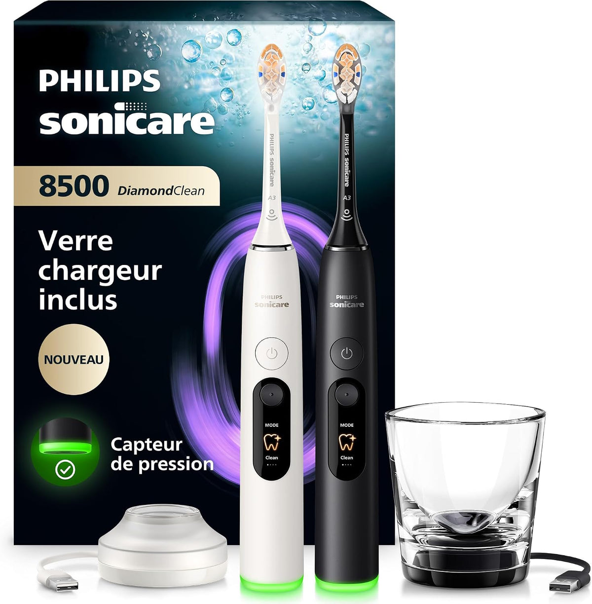 PHILIPS Soniques, Blanc/Noir, Sonicare DiamondClean 8500 nouvelle génération, brosse à dents électrique avec capteur de pression
