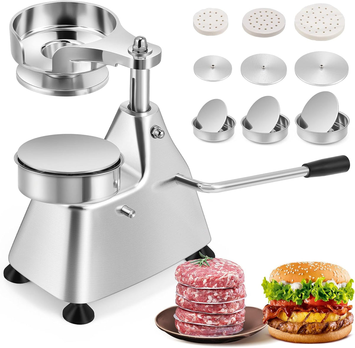 Moongiantgo Appareils à sandwich et presses à panini, 15CM, Argenté, 3-en-1 Presse à Hamburger Manuelle en Acier Inoxydable