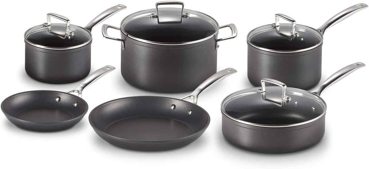 LE CREUSET batterie de cuisine, Transparent, antiadhésive trempée, 6 pièces avec 4 couvercles en verre