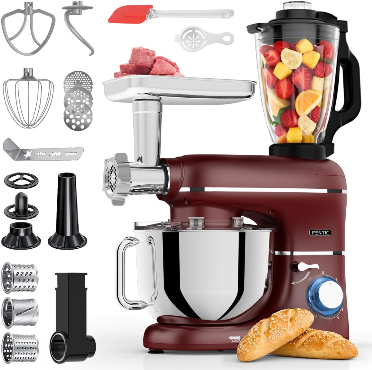 Fentic robot pâtissier, 2000 W, 1,5 L, 6,2 L, Rouge, - Av. Hachoir à Viande, Accessoires, Robot Cuisine Multifonctions Av. Bol Mélangeur