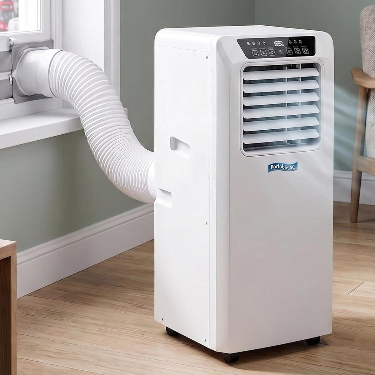 climatiseur portable QINLIGAO, 9000 BTU, 55 DB, Blanc, avec Contrôle LED, roulettes 360° et Kit Fenêtre, Chambres