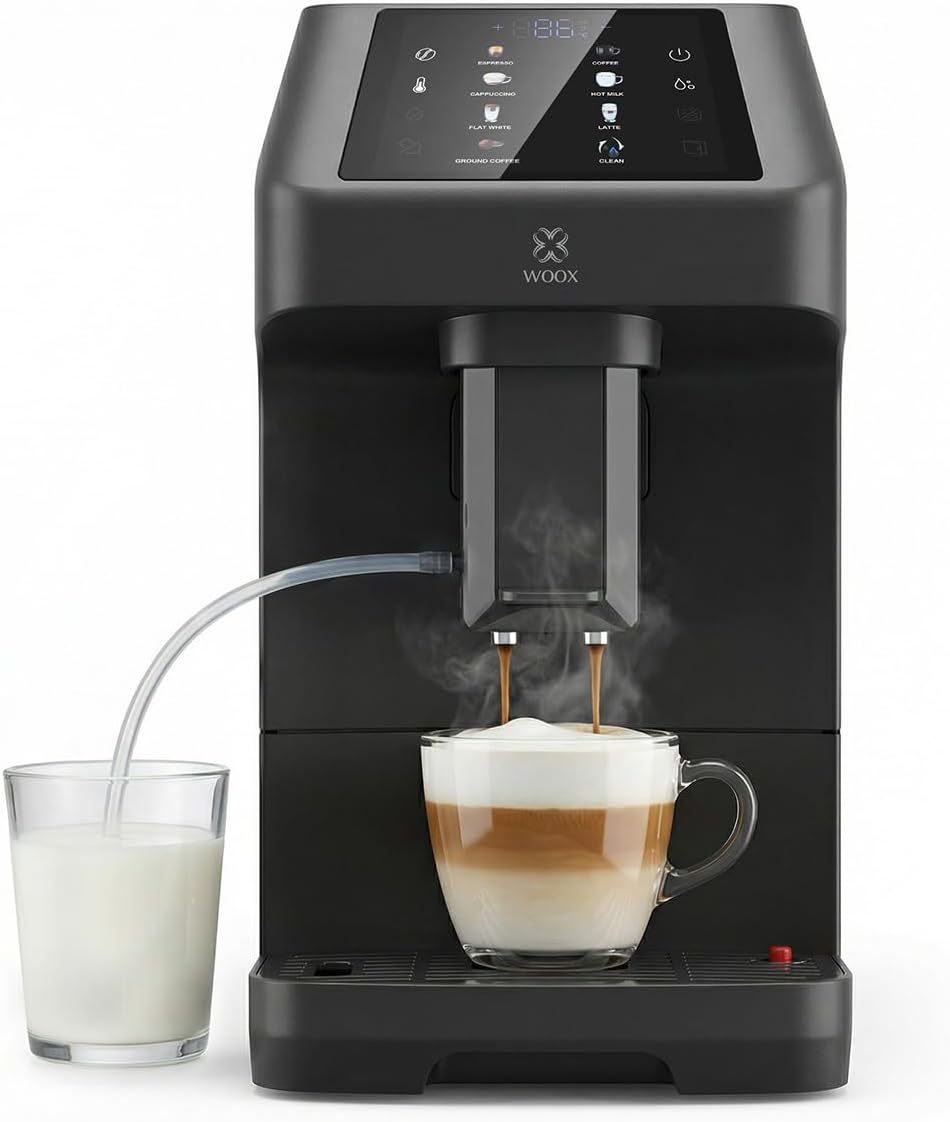 Woox machine à café, 1,5 L, Noir/Argenté, à Grain Automatique, Cafetière avec Broyeur et Mousseur à Lait, Réservoir