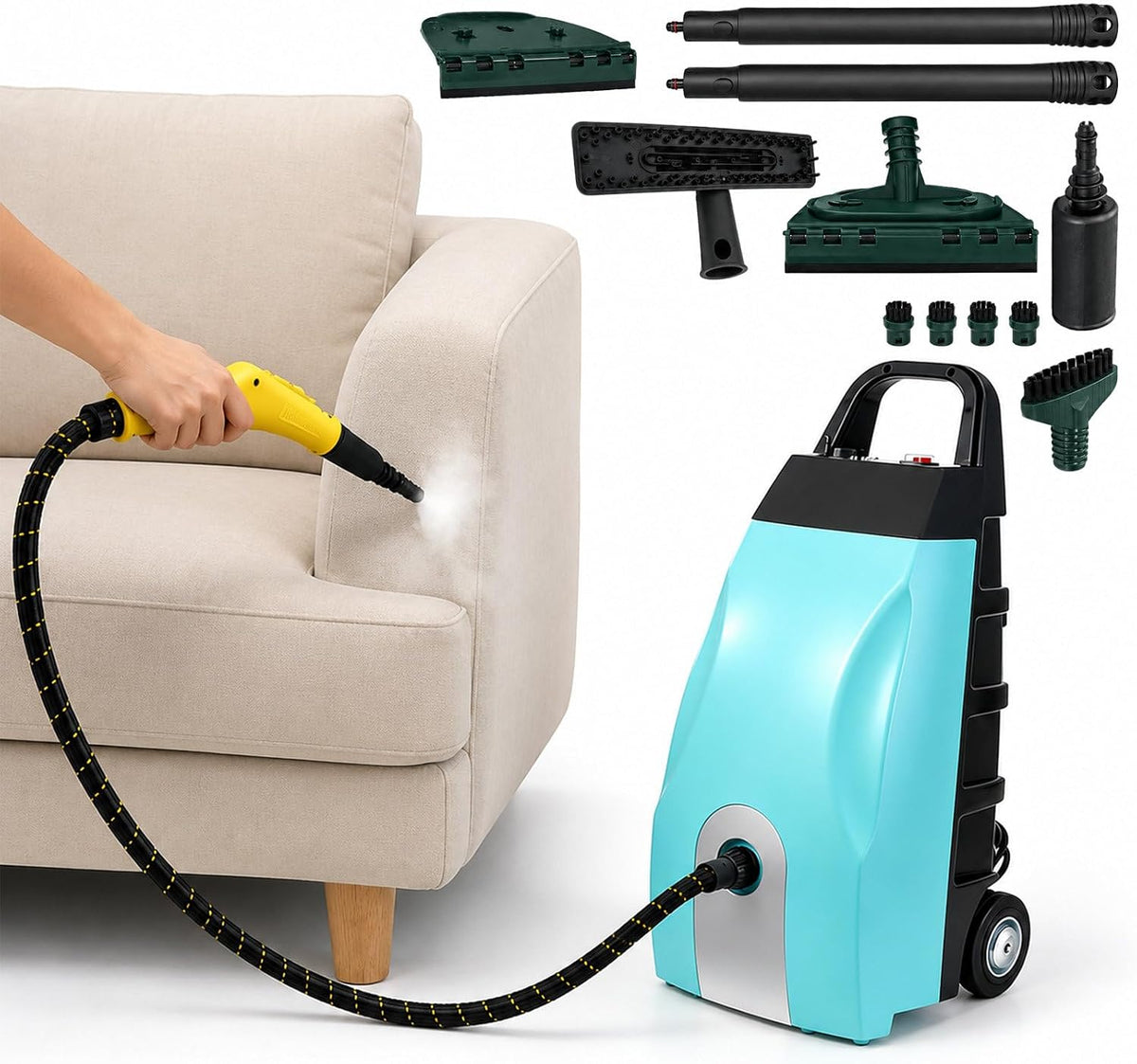 agreilduite nettoyeur vapeur, 3000 W, 3000 W, 2,5M, Bleu, Haute Pression Commercial avec 9 Accessoires de Nettoyage & Tuyau Vapeur