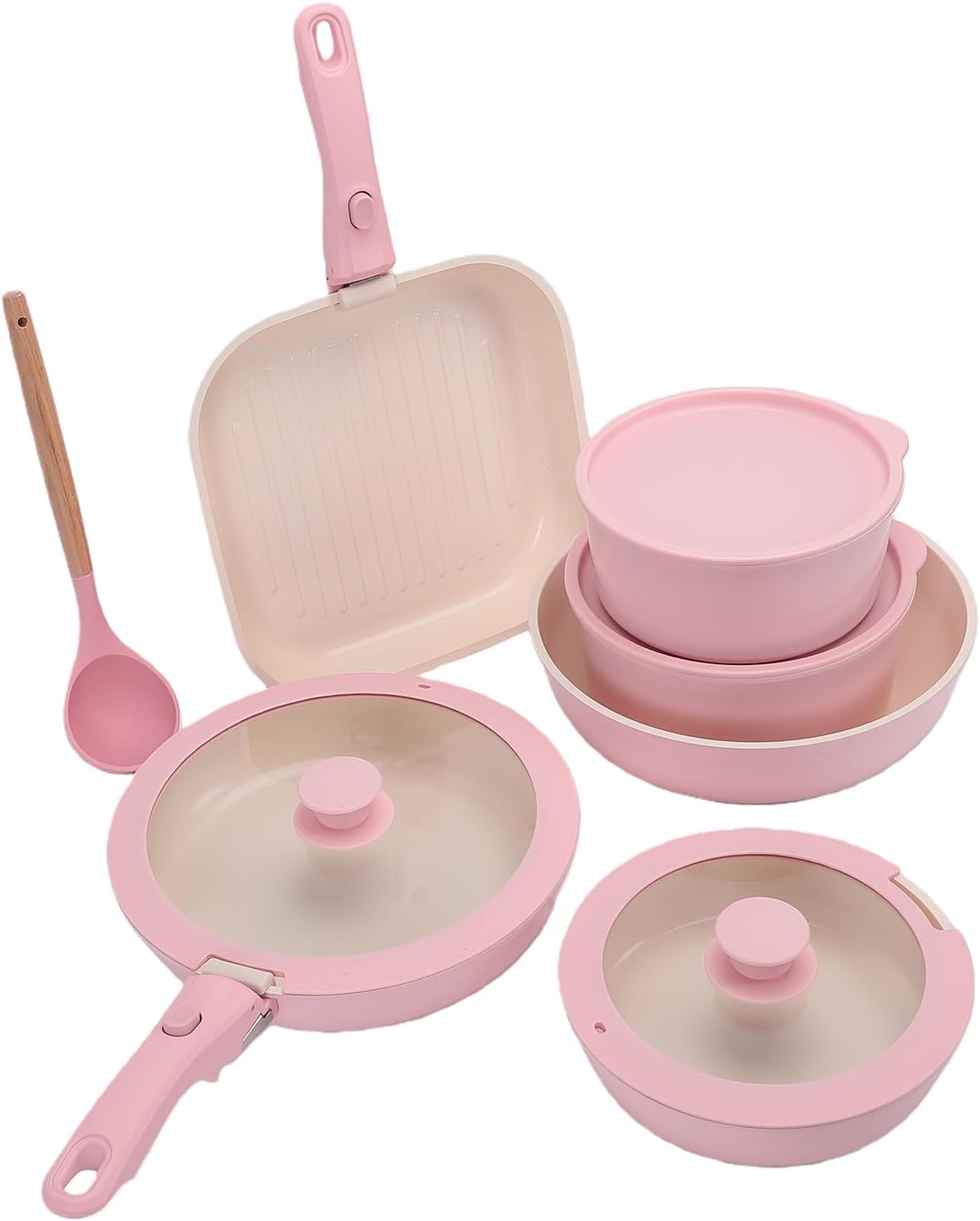 Fdit batterie de cuisine, aluminium, verre, silicone, feutre, bois de hêtre., Noir/Argenté, Ensemble de Casseroles et Poêles