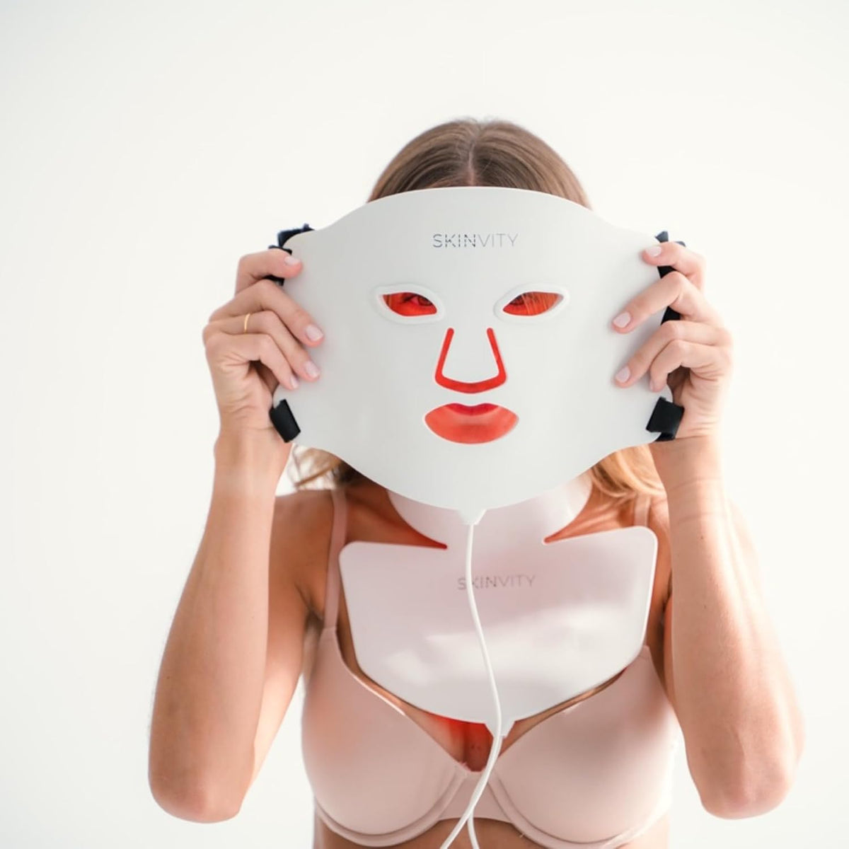 SKINVITY Masques, Rouge/Bleu, Masque facial LED en silicone - Photothérapie avec lumière rouge, cou et décolleté