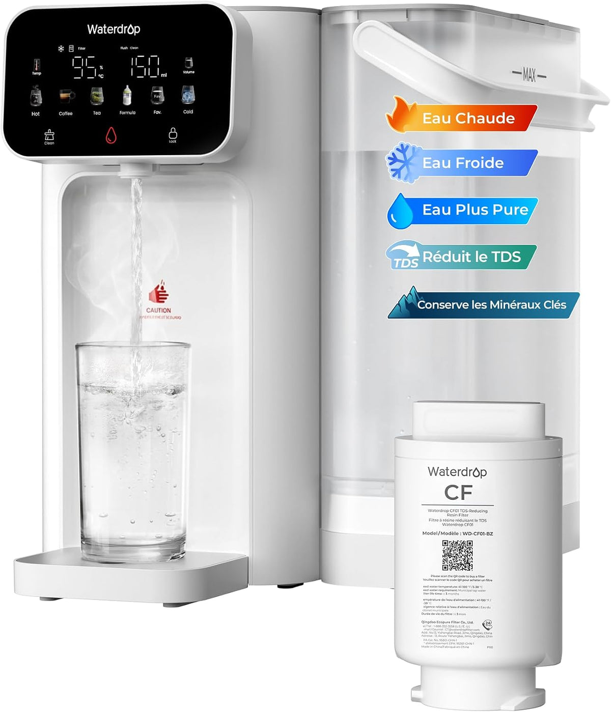 Waterdrop épilateur à lumière pulsée, Noir, CT01 Chaude & Froide Distributeur d'eau avec Filtre, Réduit TDS