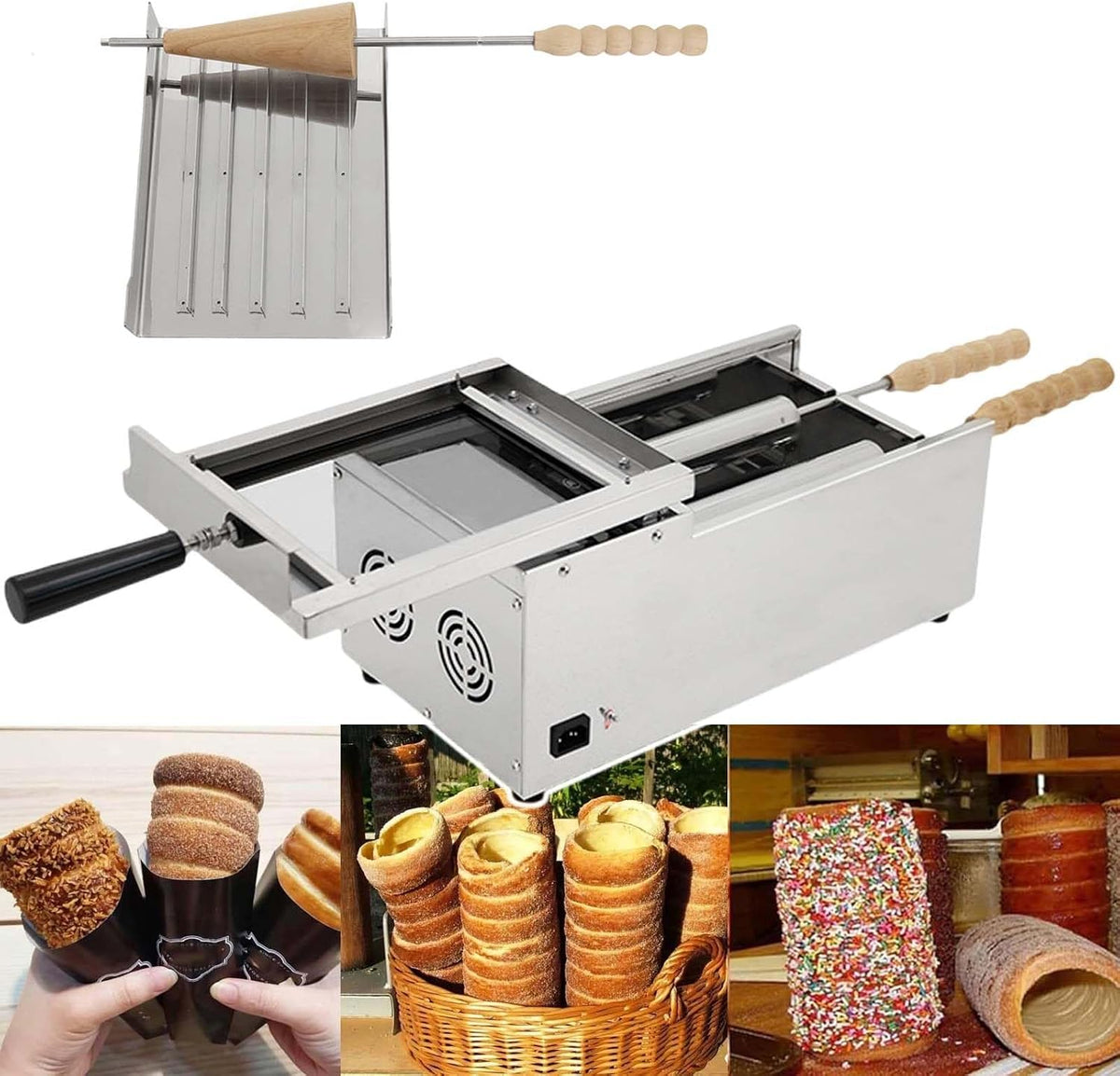 HCAUYNN Fours grille-pain, 460 x 240 x 210 mm, 1600 W, Acier inoxydable + bois, Argenté, Machine à GâTeaux en CheminéE Kurtos Kalacs
