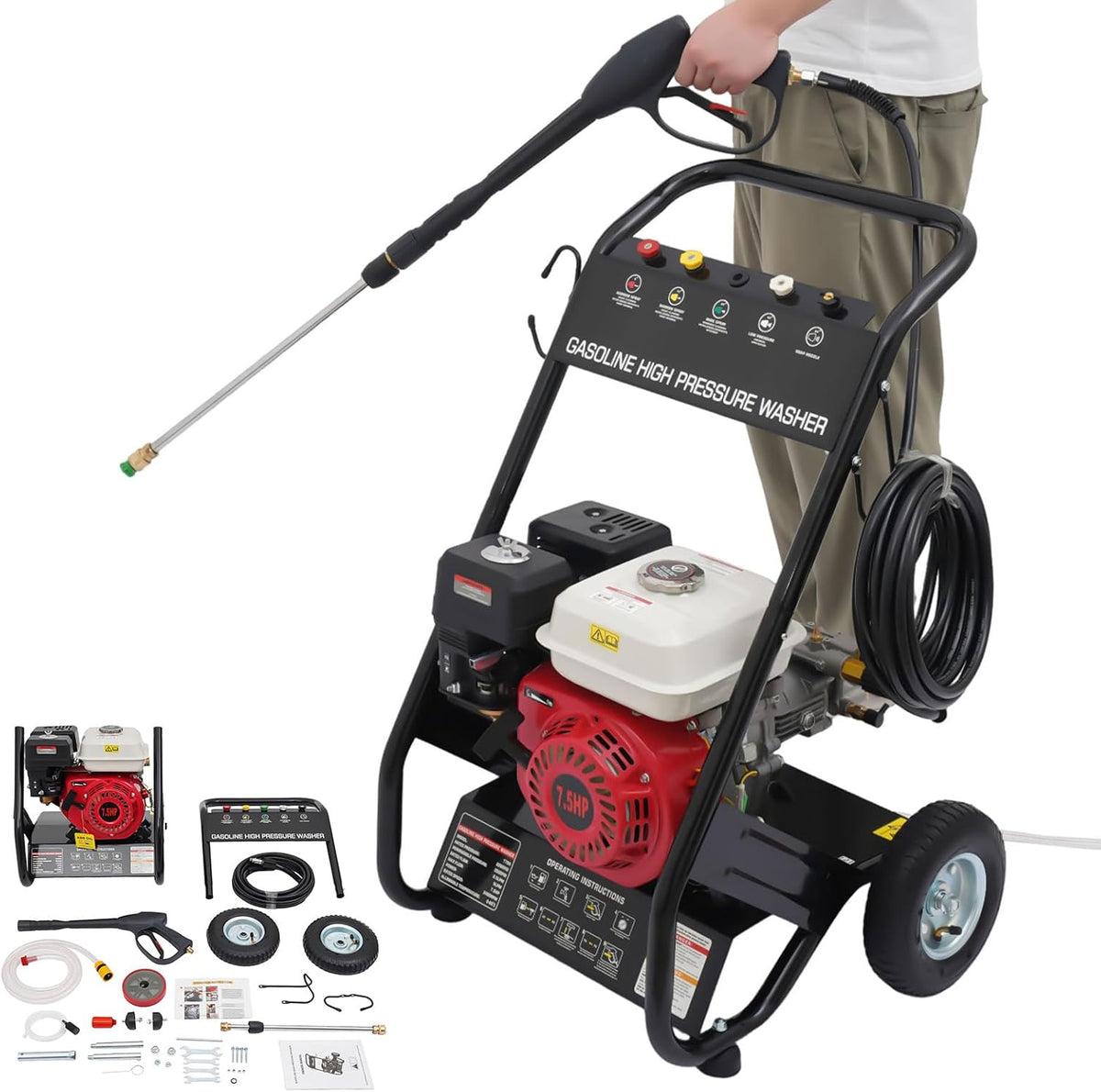BTGSHYNM nettoyeur haute pression, 3400 tr/min, Noir, à essence 7 CV, moteur monocylindre 4 temps, refroidi par air