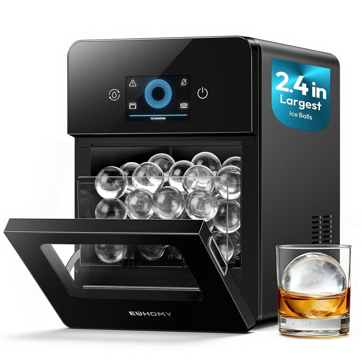 EUHOMY machine à glaçons, Noir, Autonettoyante, Sphériques Grosses Boules, 108 Glaçons/Jour, Ice Maker, Spéciale Whisky & Bourbon